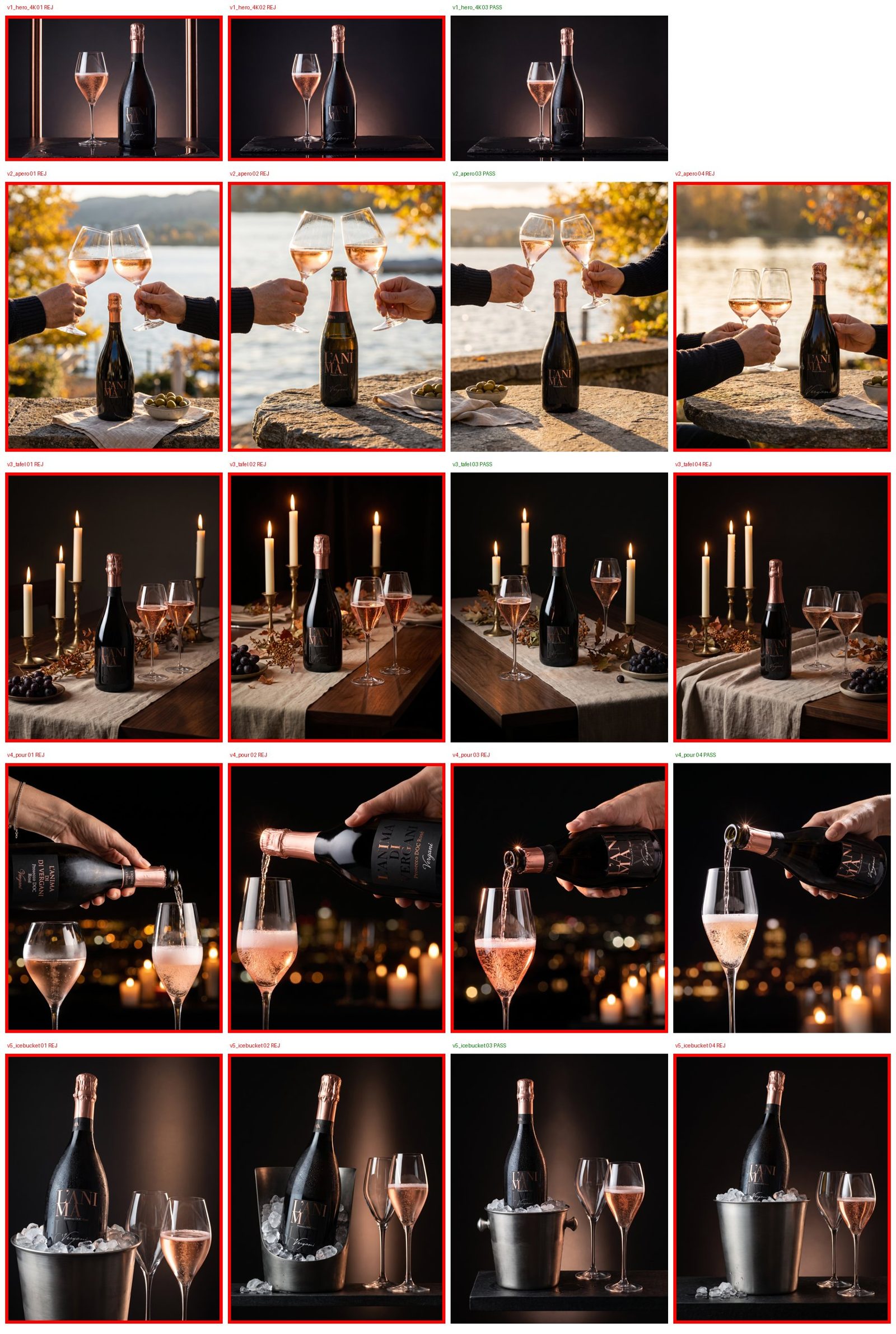 Contact Sheet — alle Varianten der Kampagne, Rejects rot markiert