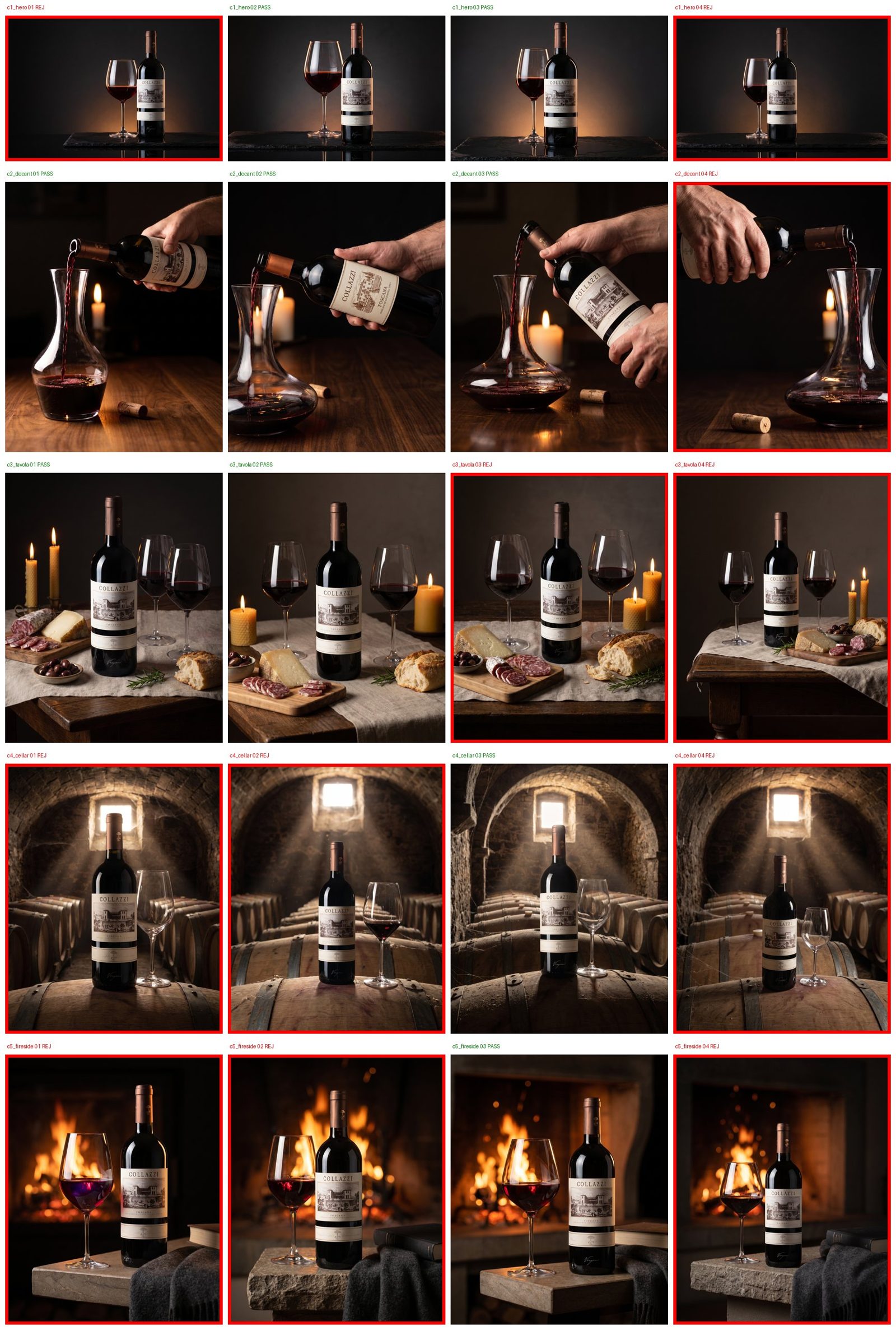 Contact Sheet Collazzi — alle Varianten, Rejects markiert