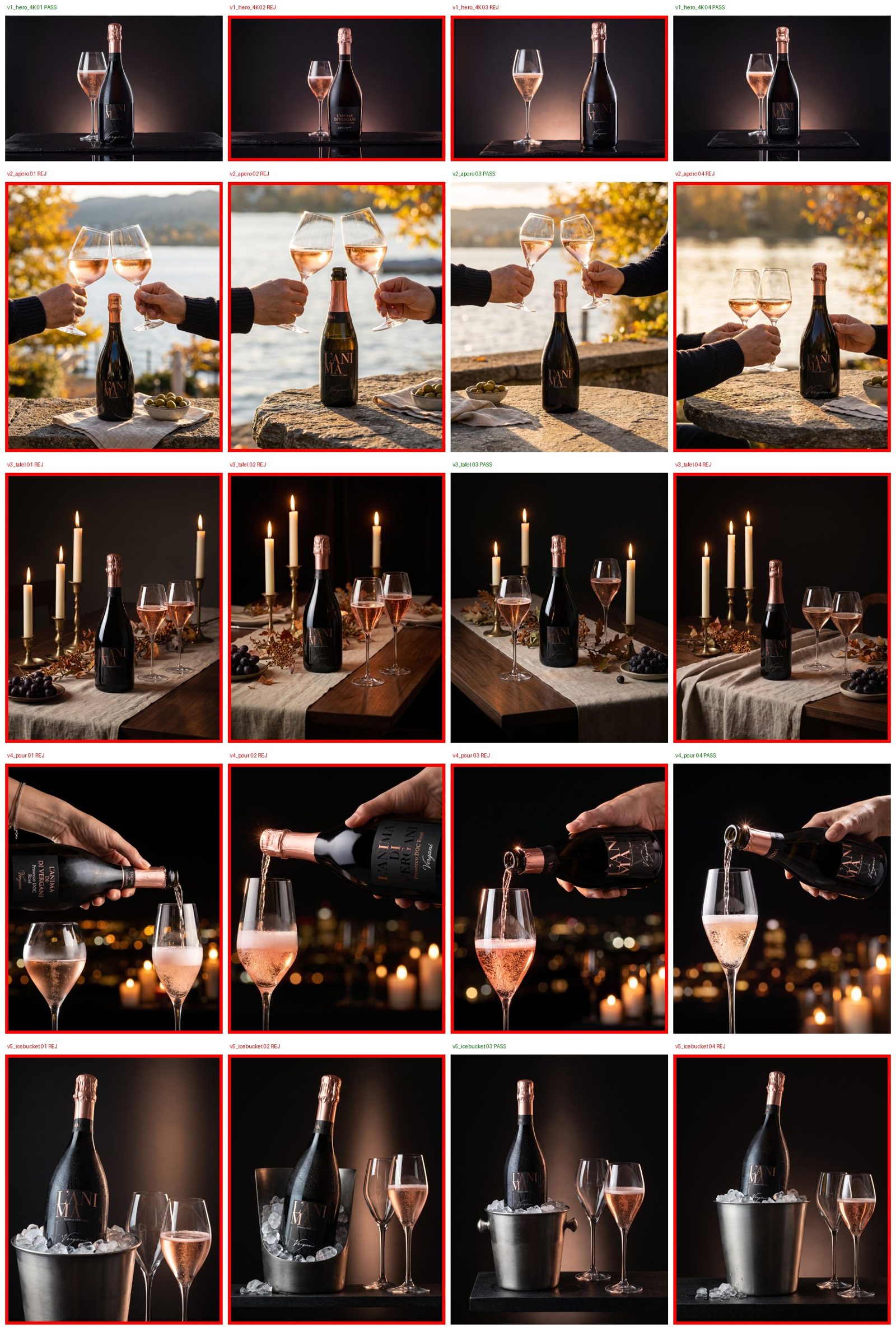 Contact Sheet — alle Varianten der Kampagne, Rejects rot markiert